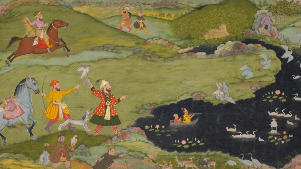 A vibrant Indian miniature painting depicting a royal procession, showcasing intricate details and rich colours.
