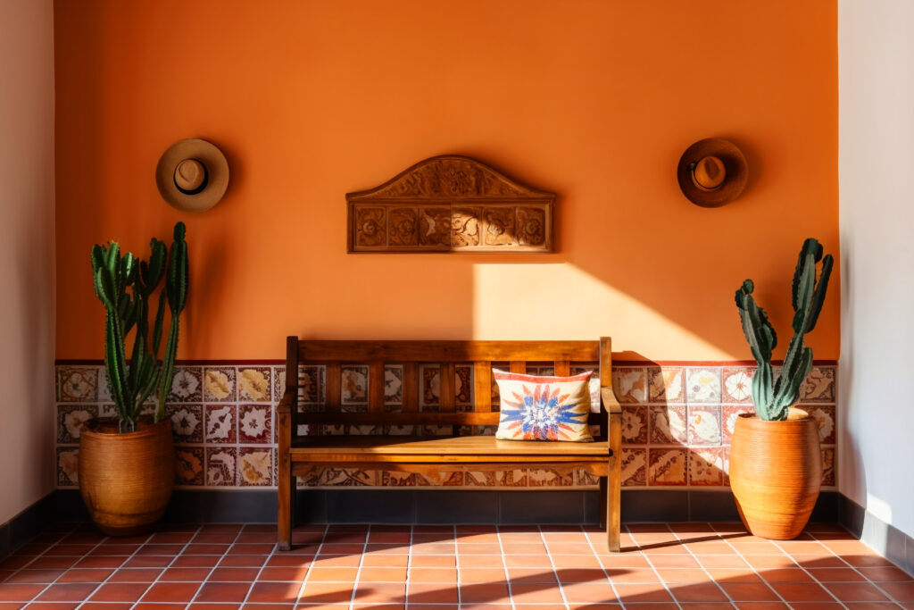Bright colorful living room decorated with Indian textiles, metalwork, and paintings