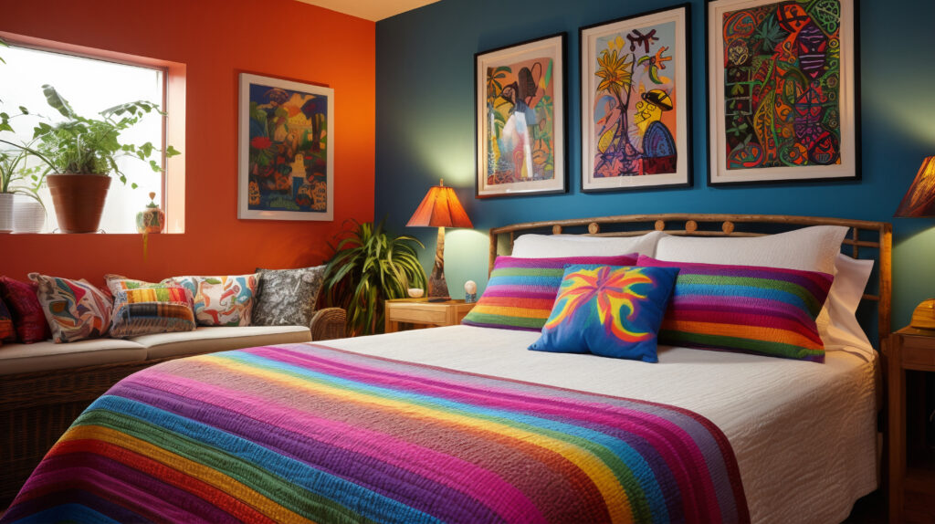 Teenager's bedroom decorated with colorful DIY projects inspired by Indian art and culture