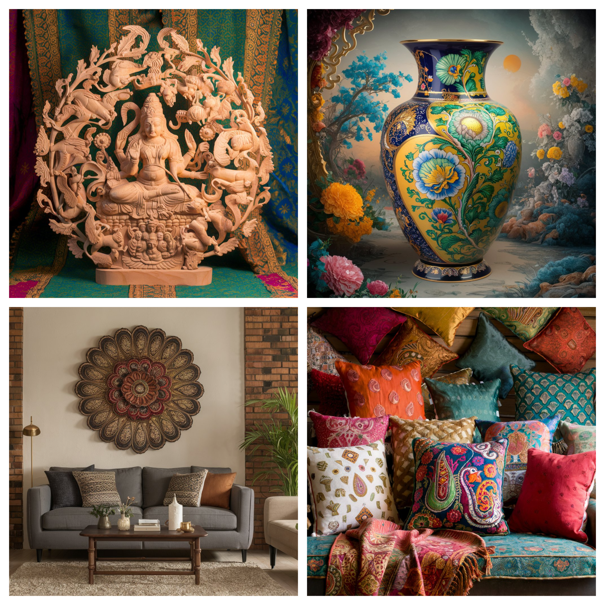 Handmade Cushions Wall Hangings Hand-painted Vase Wooden Sculpture indian home decor