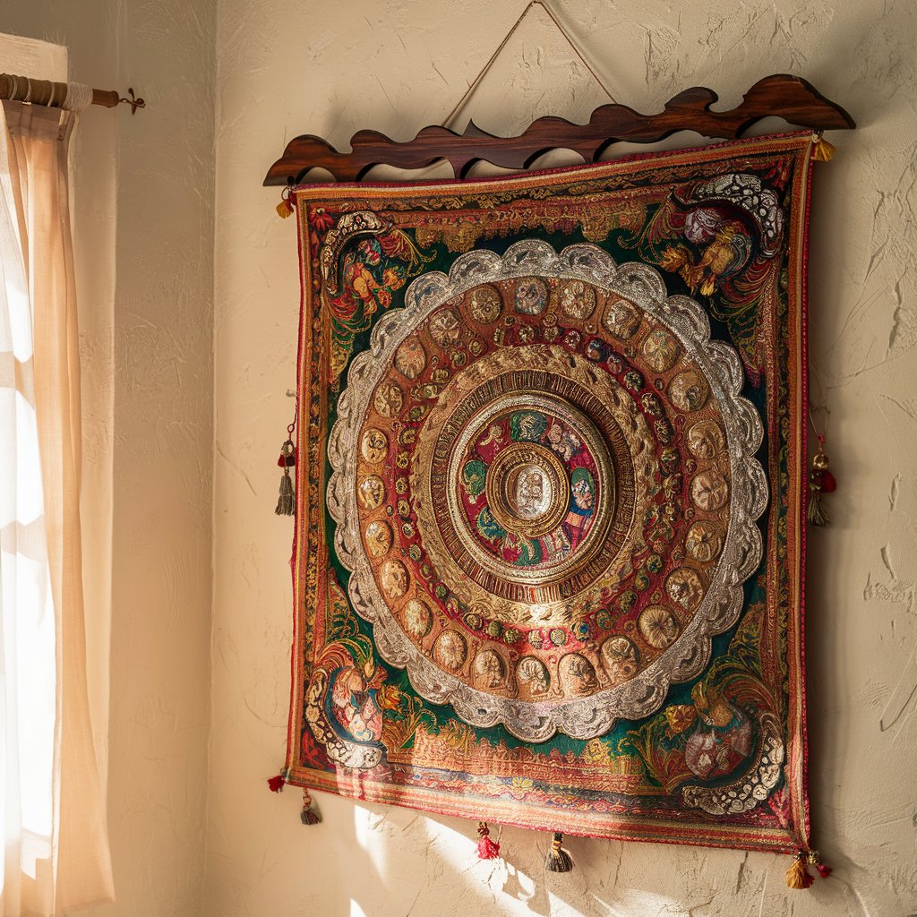 Traditional Indian tapestry hanging on a wall.