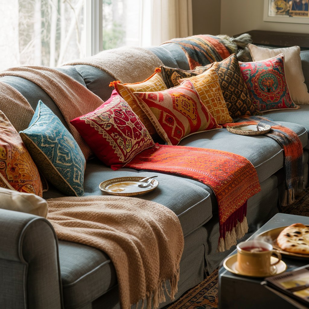 Sofa with colorful Indian cushions and throws.