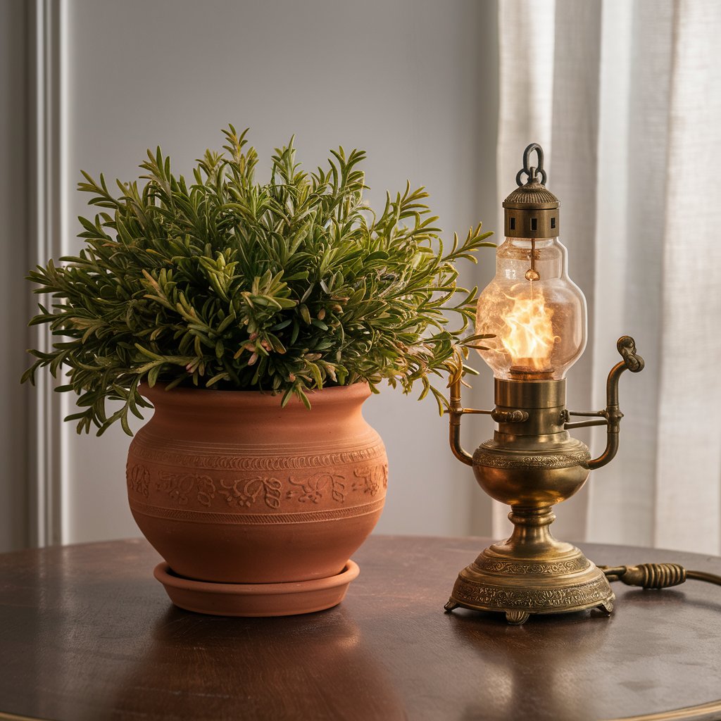 Terracotta pot and brass lamp on a table.